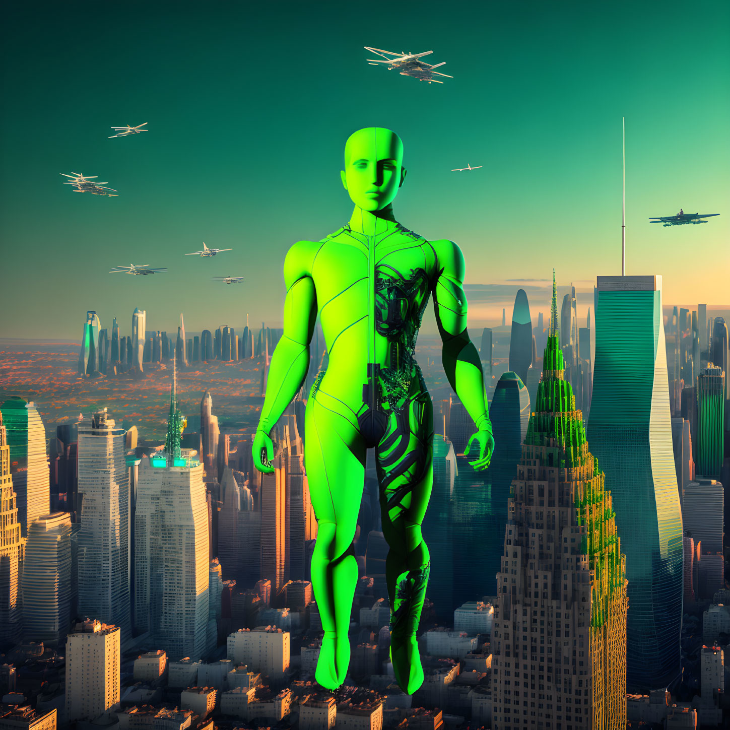 Green humanoid robot above futuristic cityscape with flying vehicles