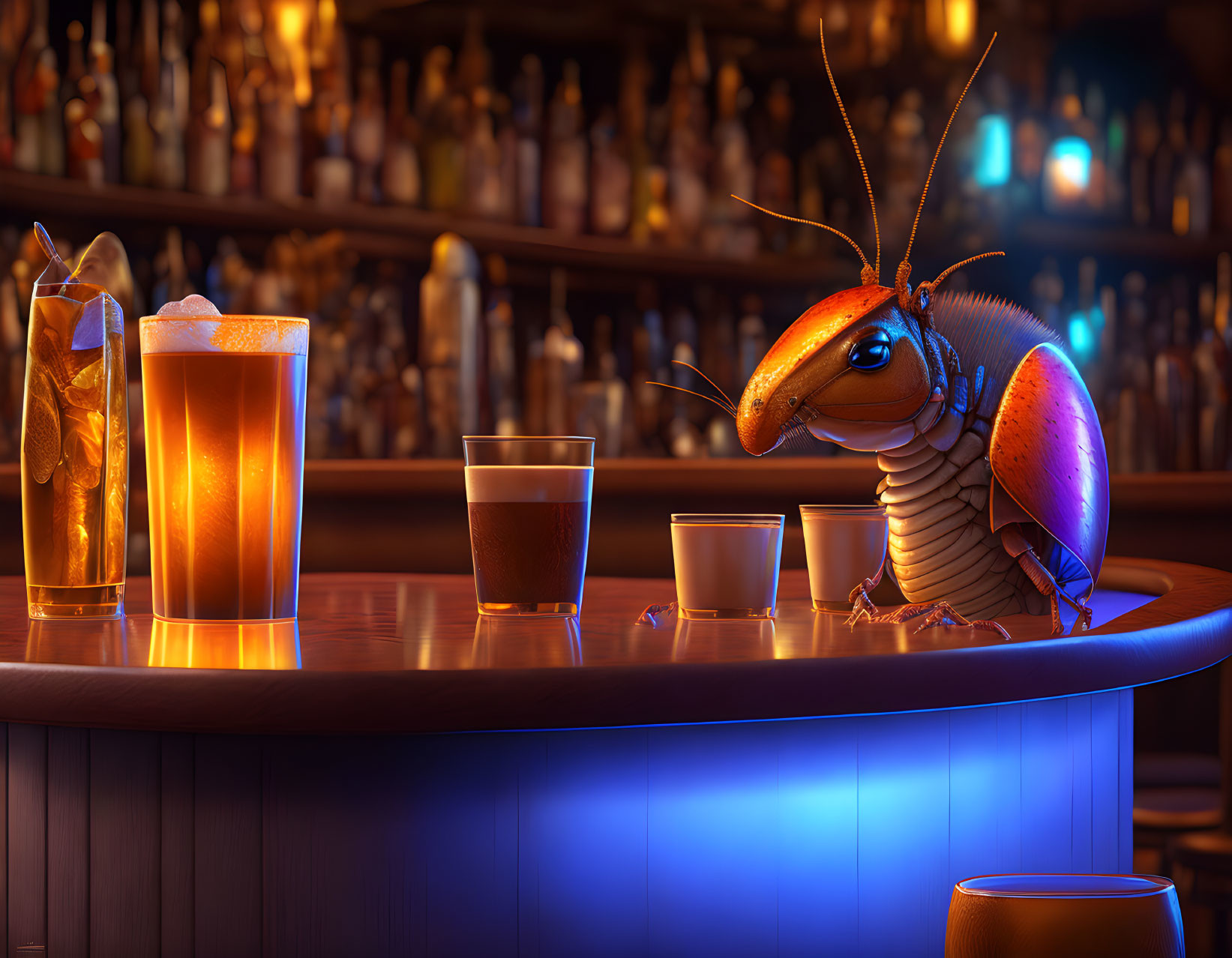 Animated cockroach in contemplative pose at bar with drinks.