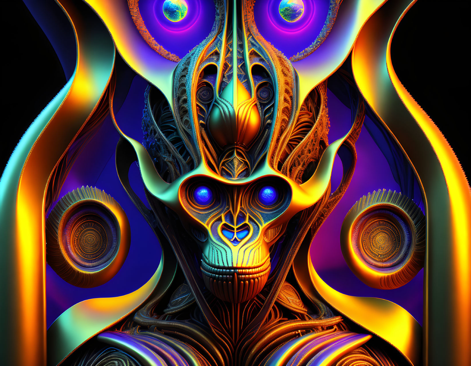 Symmetrical fractal art of ornate alien-like mask with glowing eyes