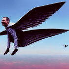 Person with Large Black Wings Flying High in Cloudy Sky