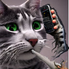 Five animated cats with human-like expressions captivated by electronic device and toy.