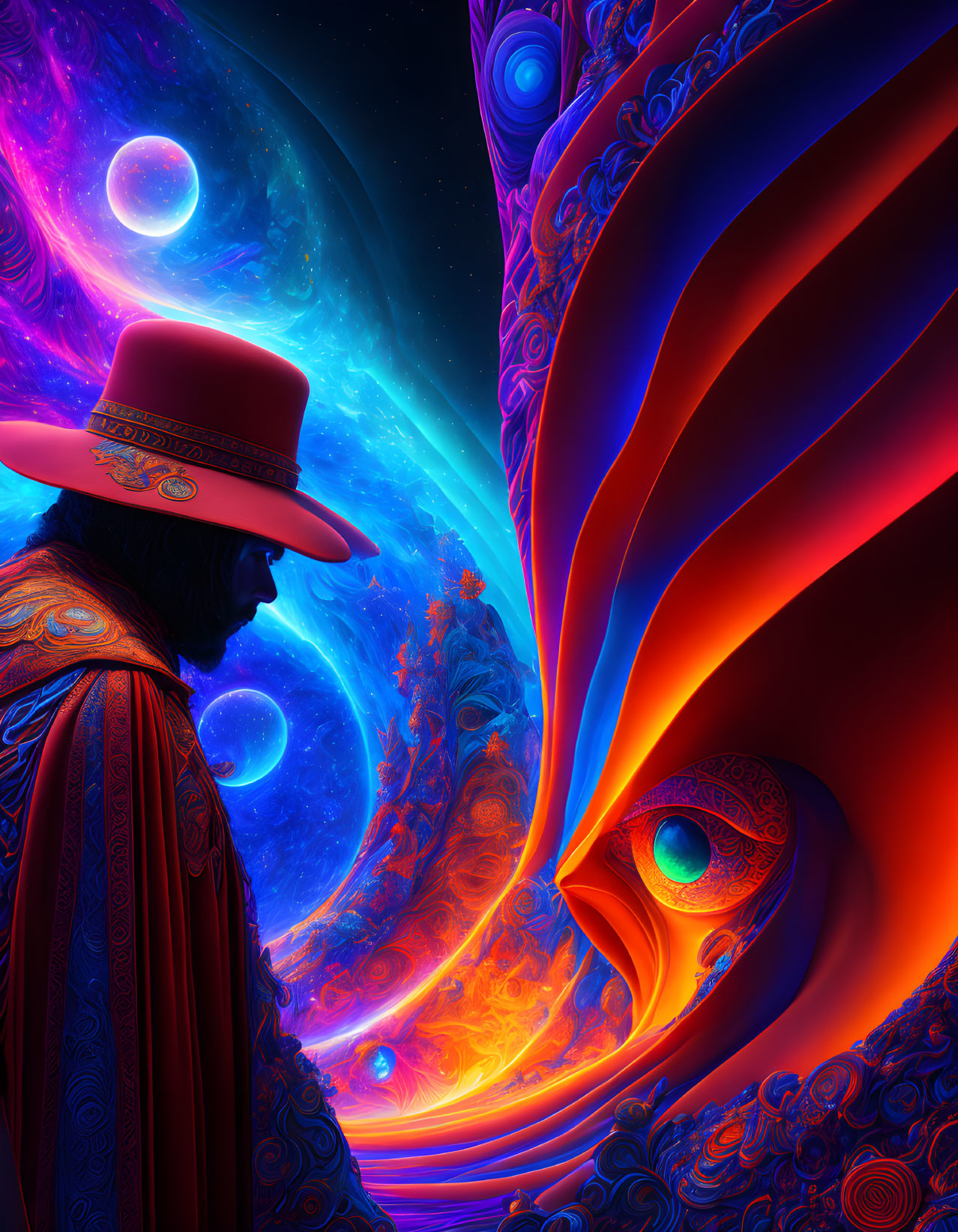 Vibrant cosmic scene with person in red hat against swirling fractal patterns