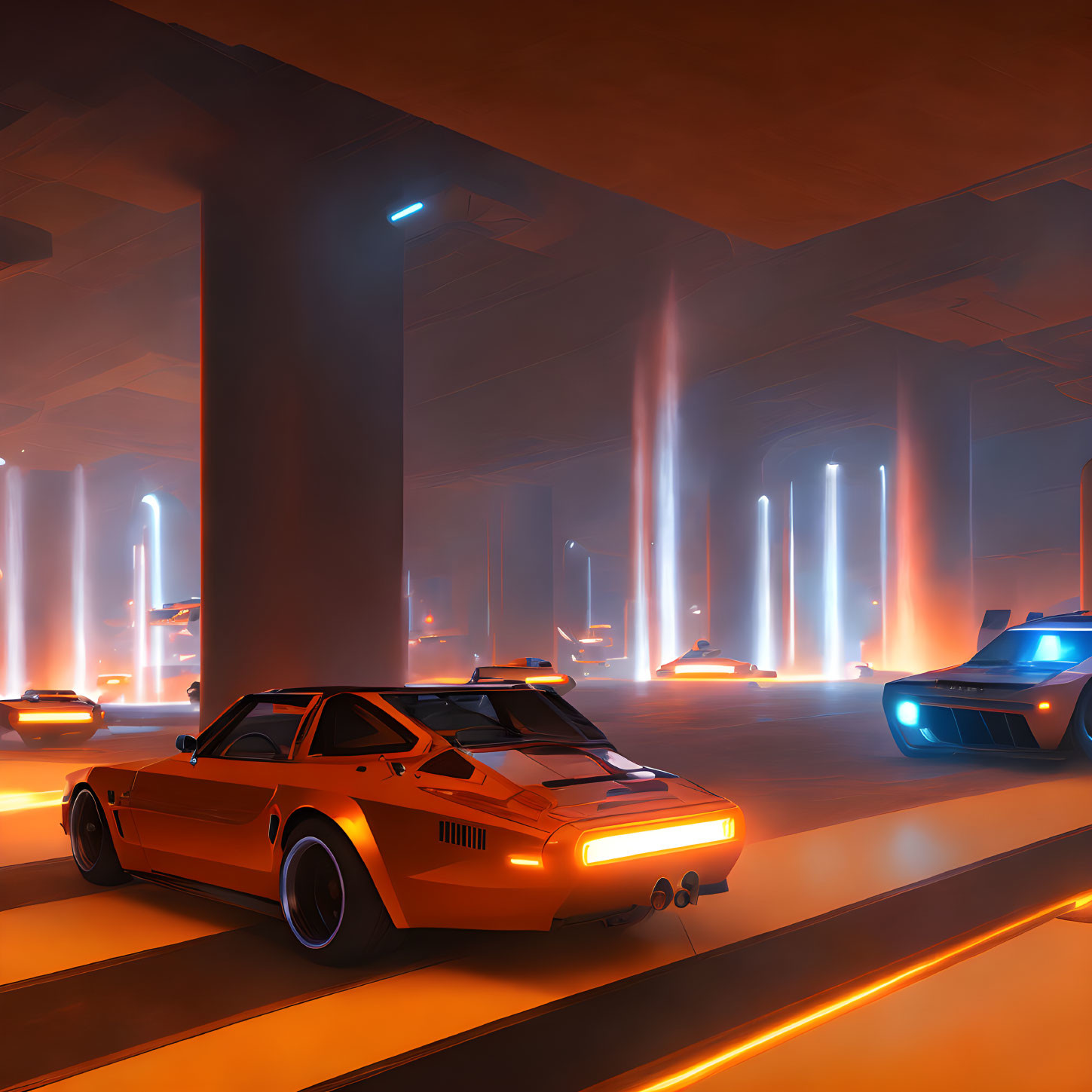 Futuristic Orange Car in Illuminated Underground Garage