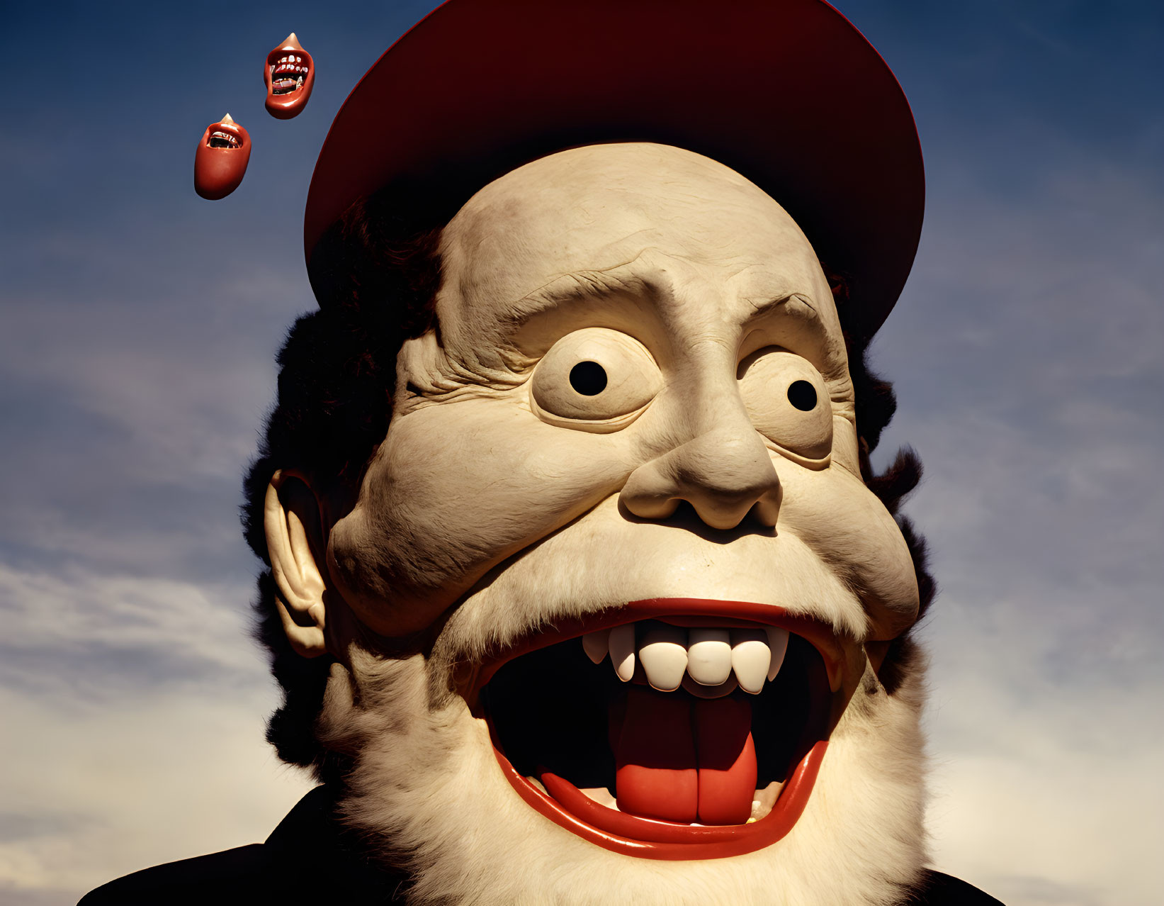 Gigantic surreal cartoon face with red cap and floating smaller face