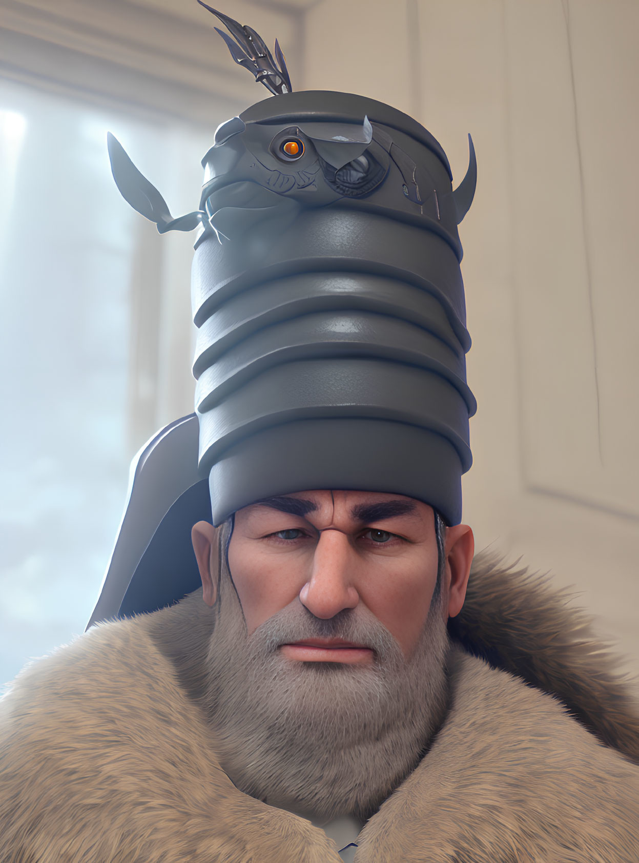 Gray-bearded man in fur collar with insect-like helmet.