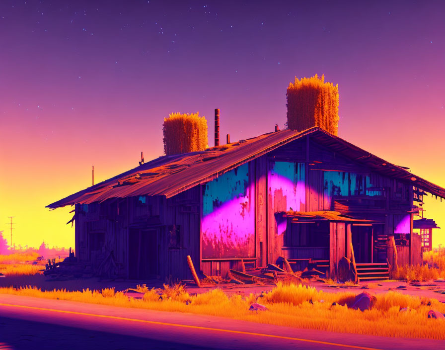 Weathered barn under starry sky with surreal purple and pink light