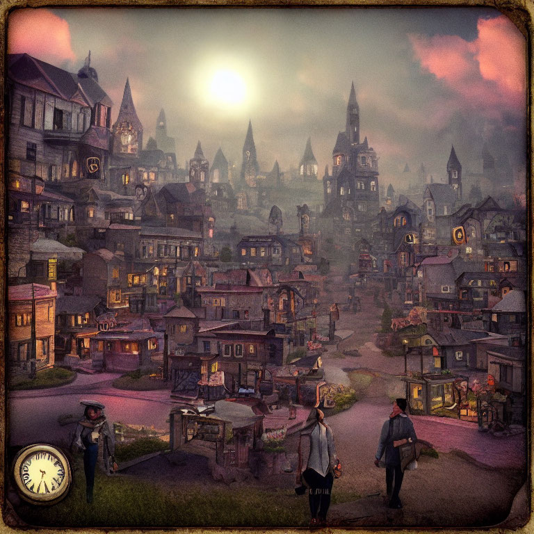 Sepia-Toned Illustration of Old-Timey Village with Victorian Buildings at Sunset