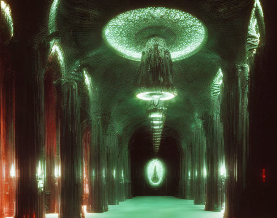 Intricate Green-Lit Tunnel with Chandelier-Like Structure