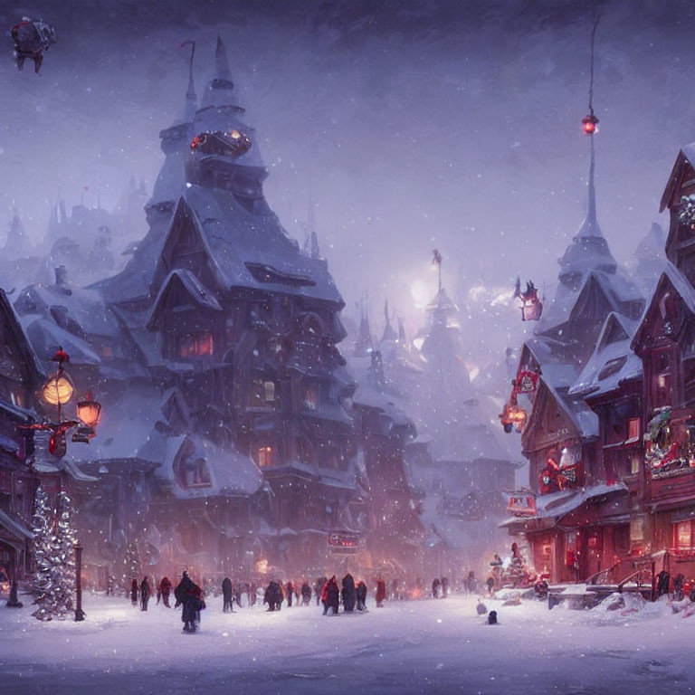 Snow-covered village with festive lights and bustling residents in a winter scene.