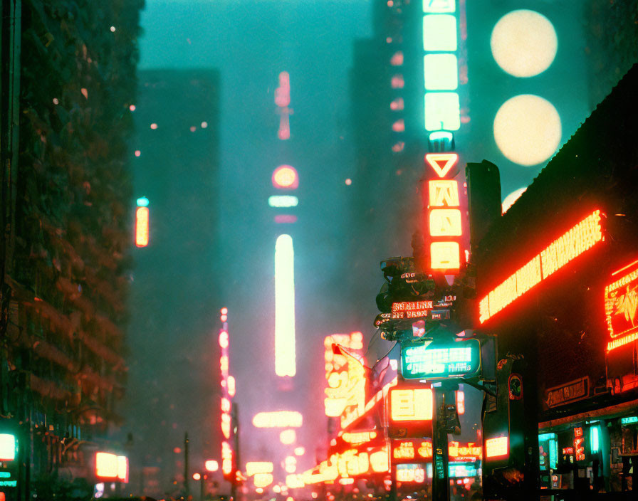 Vibrant neon-lit street in a bustling cityscape