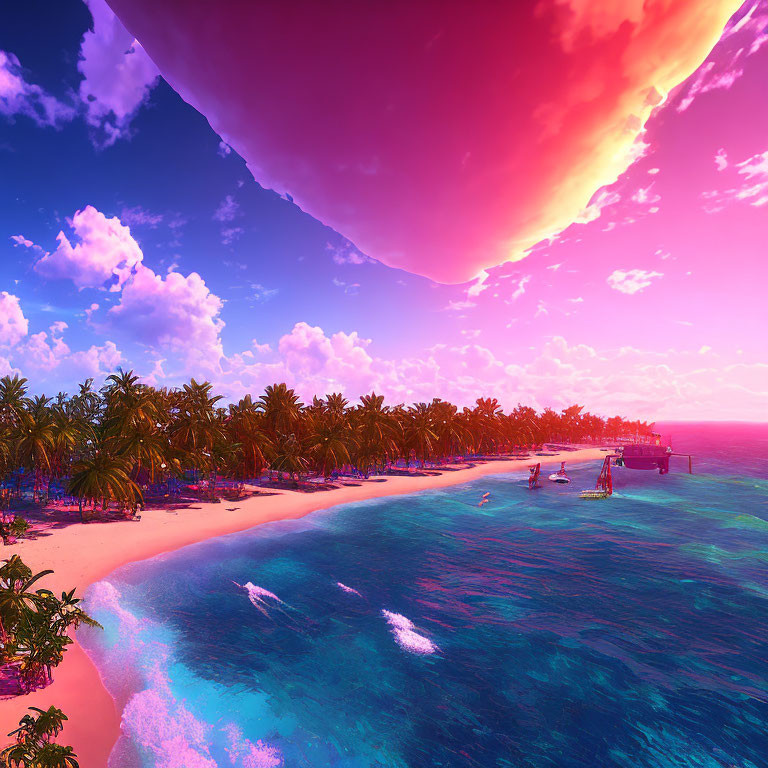 Vibrant Tropical Beach with Pink and Blue Colors under Massive Pink Cloud