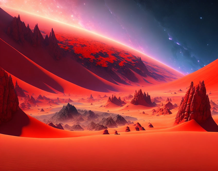 Vibrant surreal landscape with red sky and alien desert terrain