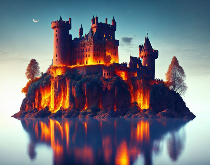 Majestic castle on rocky island with glowing lava and twilight sky