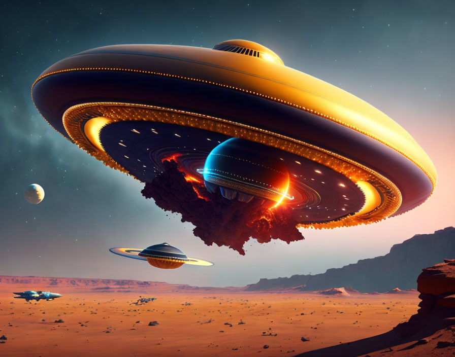 Detailed Sci-Fi Scene: Large UFOs Over Alien Landscape