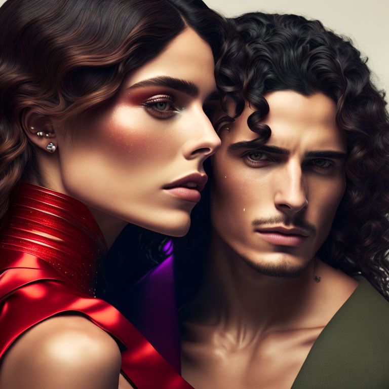 Curly-haired man and woman in red and olive green with intense gazes.