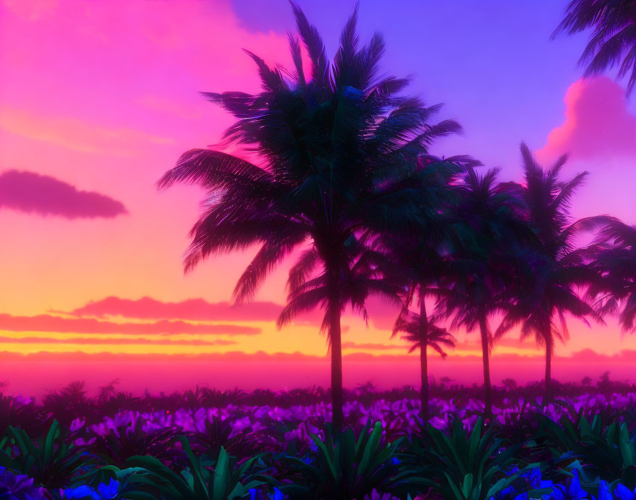 Tropical sunset: purple and orange hues, palm tree silhouettes