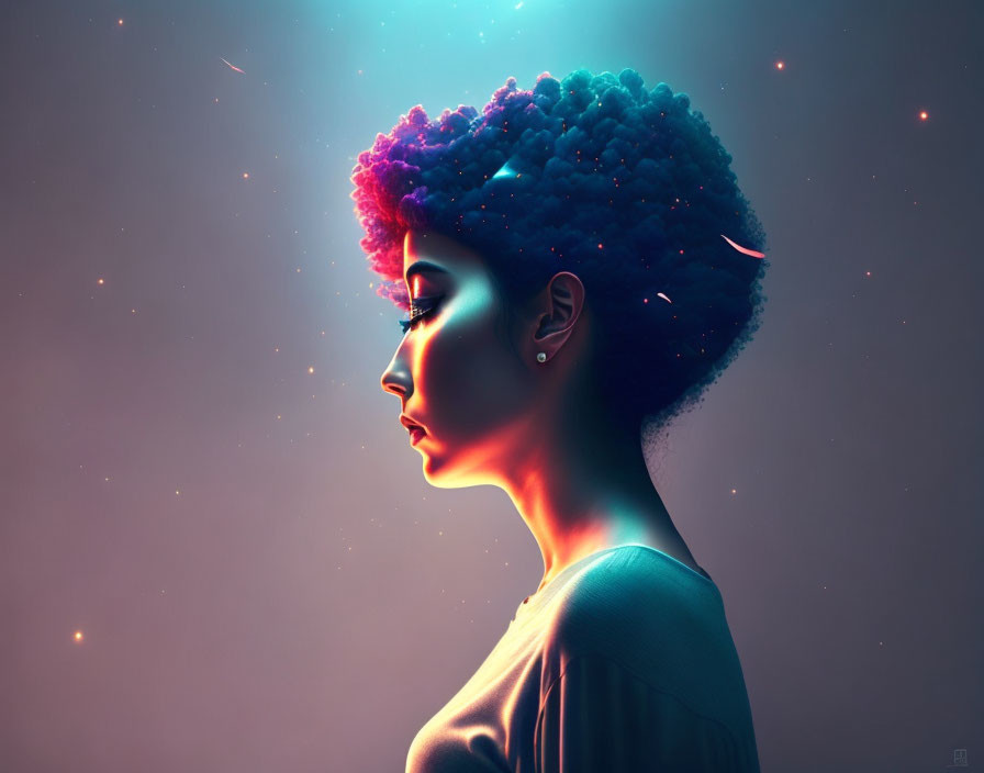 Woman with vibrant cosmic-themed afro against starry background