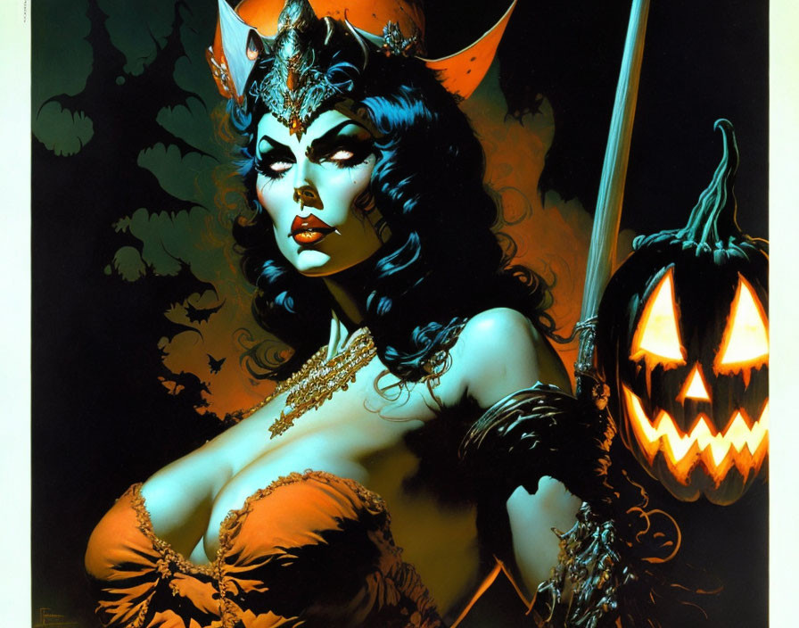 Woman with Horned Headdress and Spear Next to Jack-o'-lantern on Night Sky Background