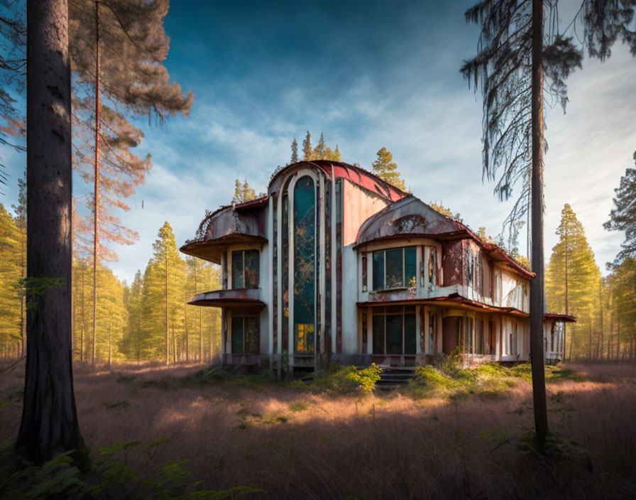 Abandoned ornate house in serene forest under cloudy sky