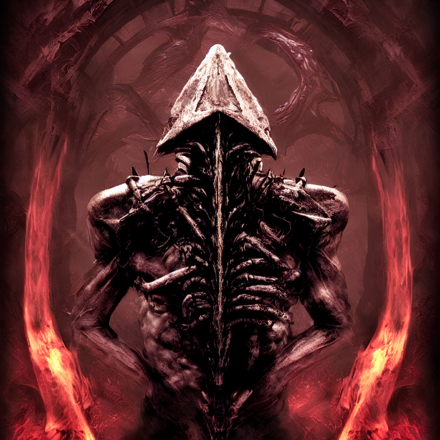 Dark Fantasy Art: Armored Figure with Exposed Spine in Fiery Backdrop