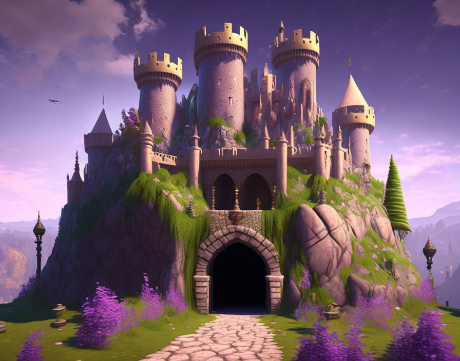 Majestic castle on lush hill with purple flora under dusky sky