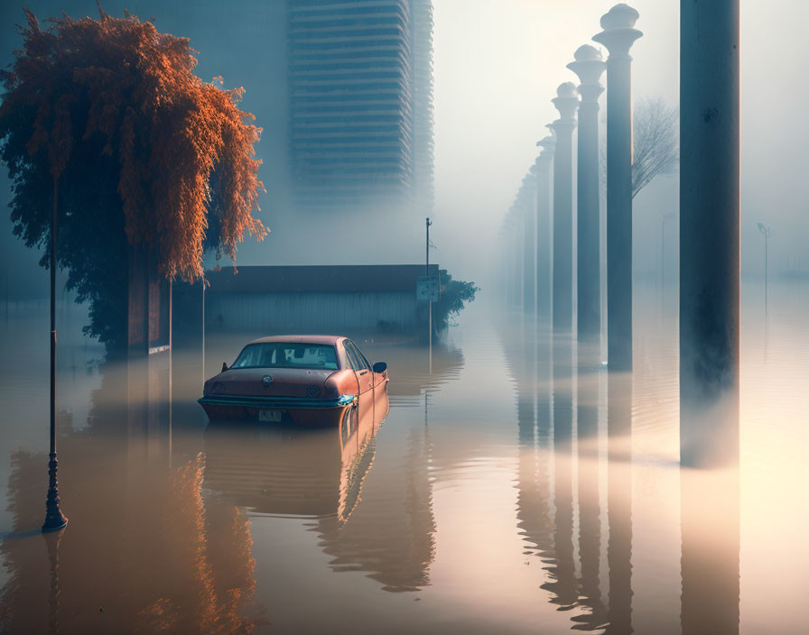 Submerged Car in Flooded Street with Fog and Reflections