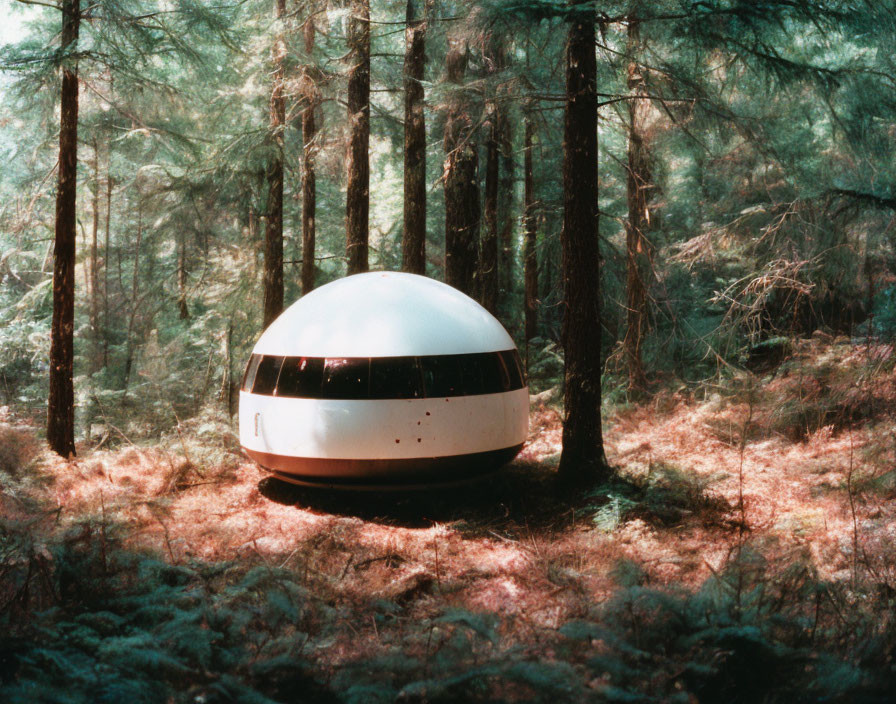 Dome-shaped structure in forest with natural light filtering through trees