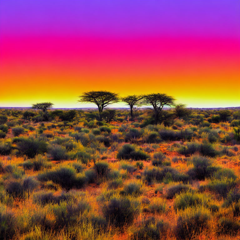 Vivid Purple and Orange Sunset Over Desert Landscape