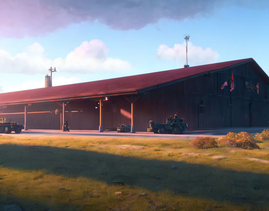 Rural farm landscape with red barn, American flag, and tractor at sunrise or sunset