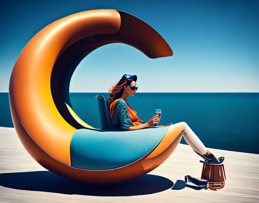 Woman sitting on orange C-shaped chair by ocean pier.