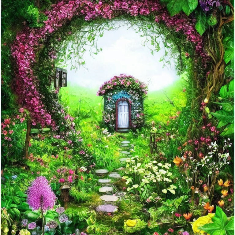 Colorful floral archway in vibrant garden with blossoming vines and flowers.