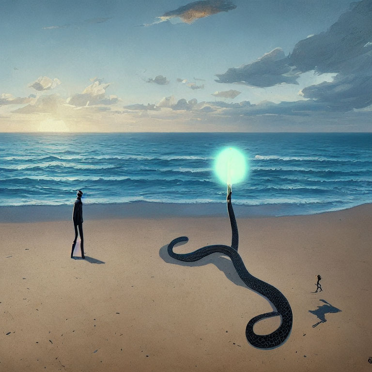 Surreal beach scene with glowing orb, long shadow, and distant figures