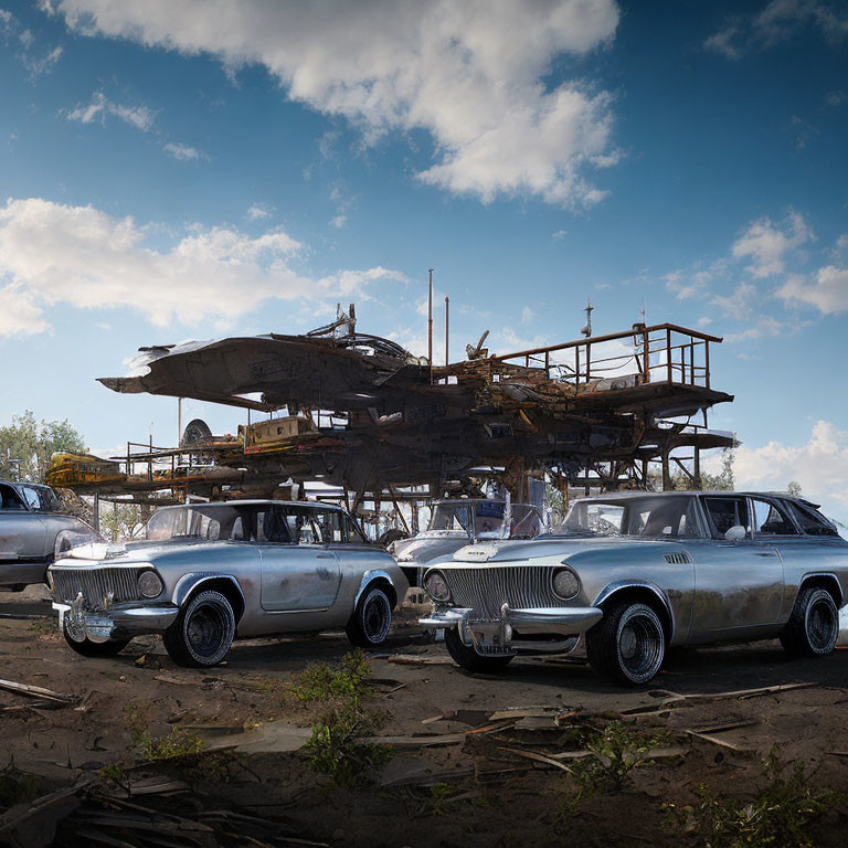 Vintage cars and ship-like structure in dry dock under cloudy sky