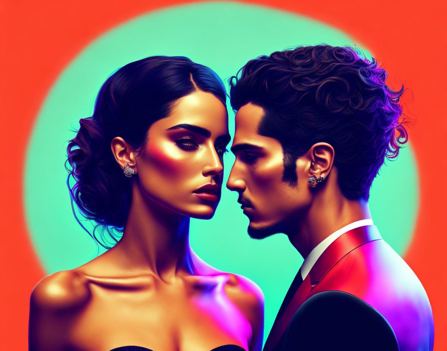 Stylized portrait of man and woman in profile against colorful background