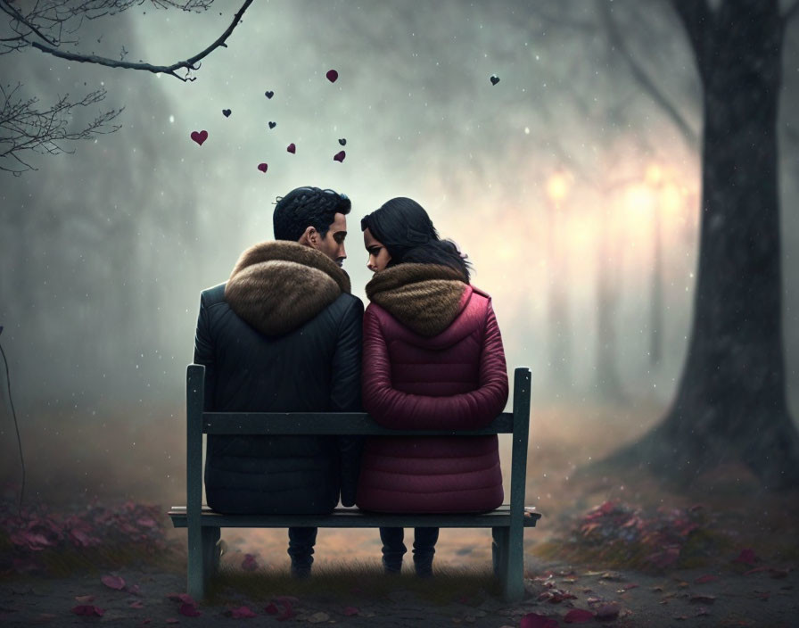 Couple in warm jackets sitting on a park bench surrounded by misty woods and floating hearts.