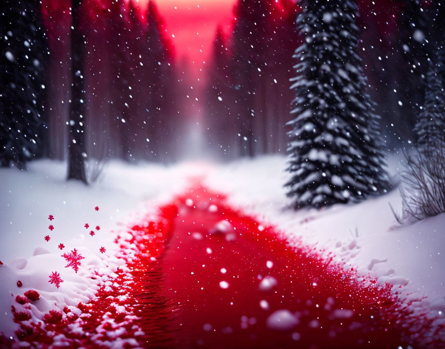 Snowy pine tree path under twilight sky with falling snowflakes and red trail.