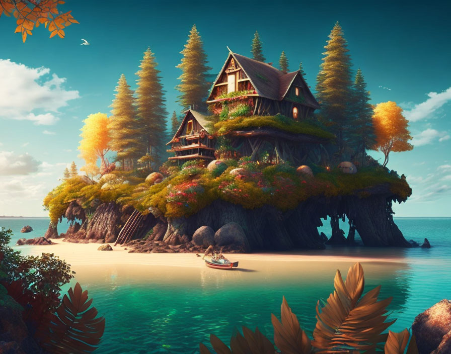 Whimsical cottage on lush floating island with autumnal trees and serene sea.