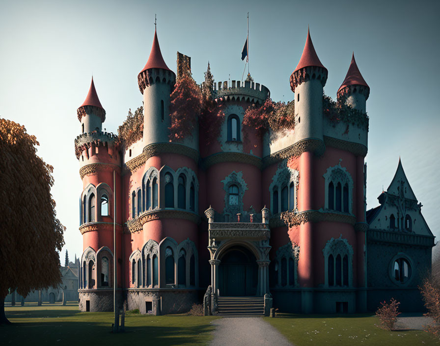 Pink Castle with Ivy Adorned Turrets and Tower in Serene Landscape