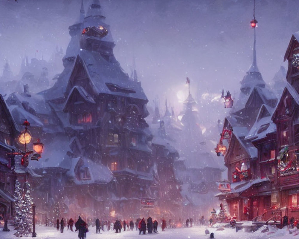 Snow-covered village with festive lights and bustling residents in a winter scene.