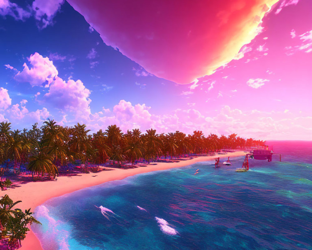 Vibrant Tropical Beach with Pink and Blue Colors under Massive Pink Cloud