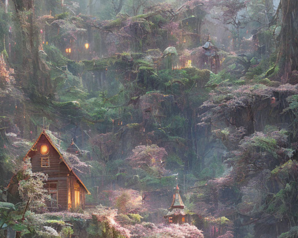 Tranquil forest scene with wooden cabin, creek, lanterns, and sunlight