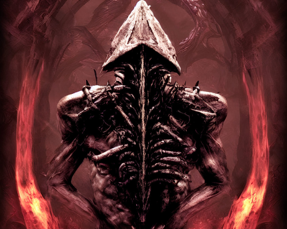 Dark Fantasy Art: Armored Figure with Exposed Spine in Fiery Backdrop