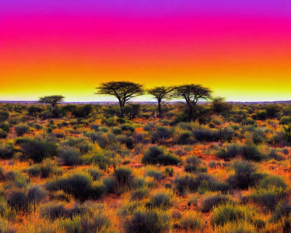 Vivid Purple and Orange Sunset Over Desert Landscape