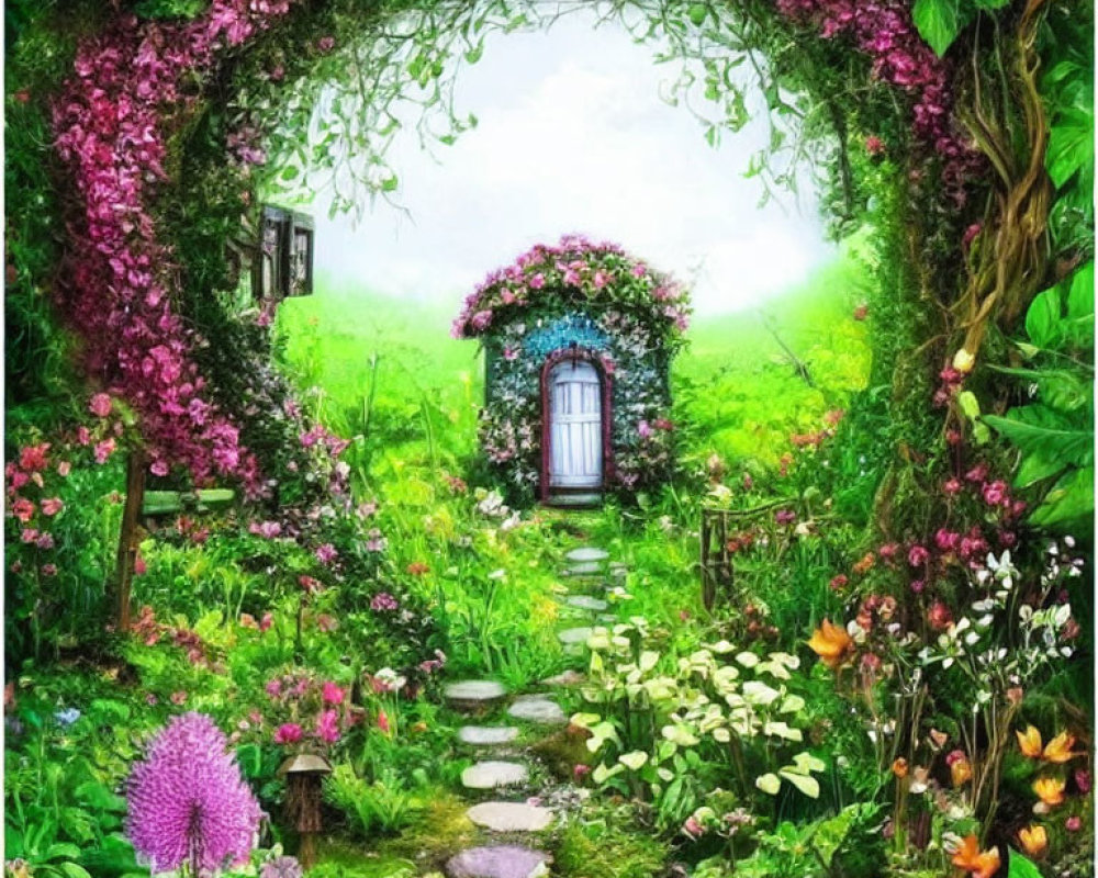 Colorful floral archway in vibrant garden with blossoming vines and flowers.