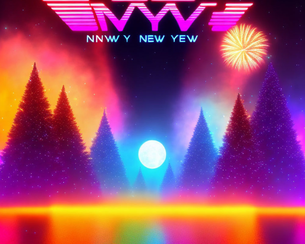 Neon grid with pine trees, moon, and fireworks in retro-futuristic New Year's image