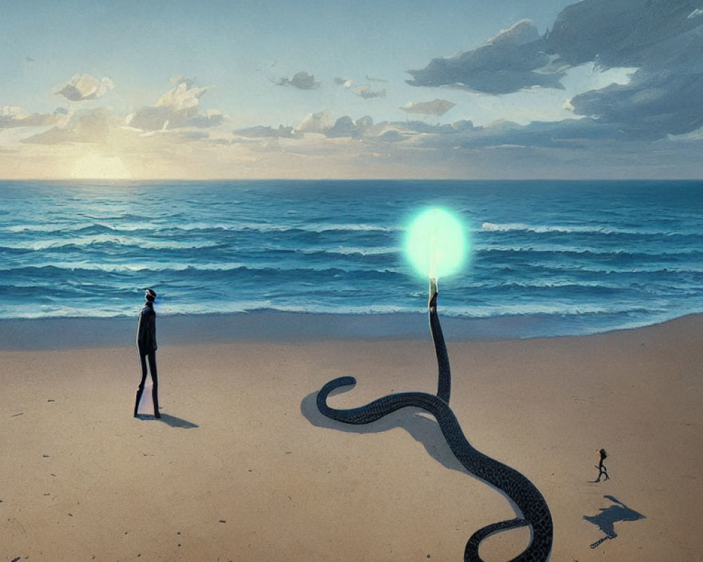 Surreal beach scene with glowing orb, long shadow, and distant figures