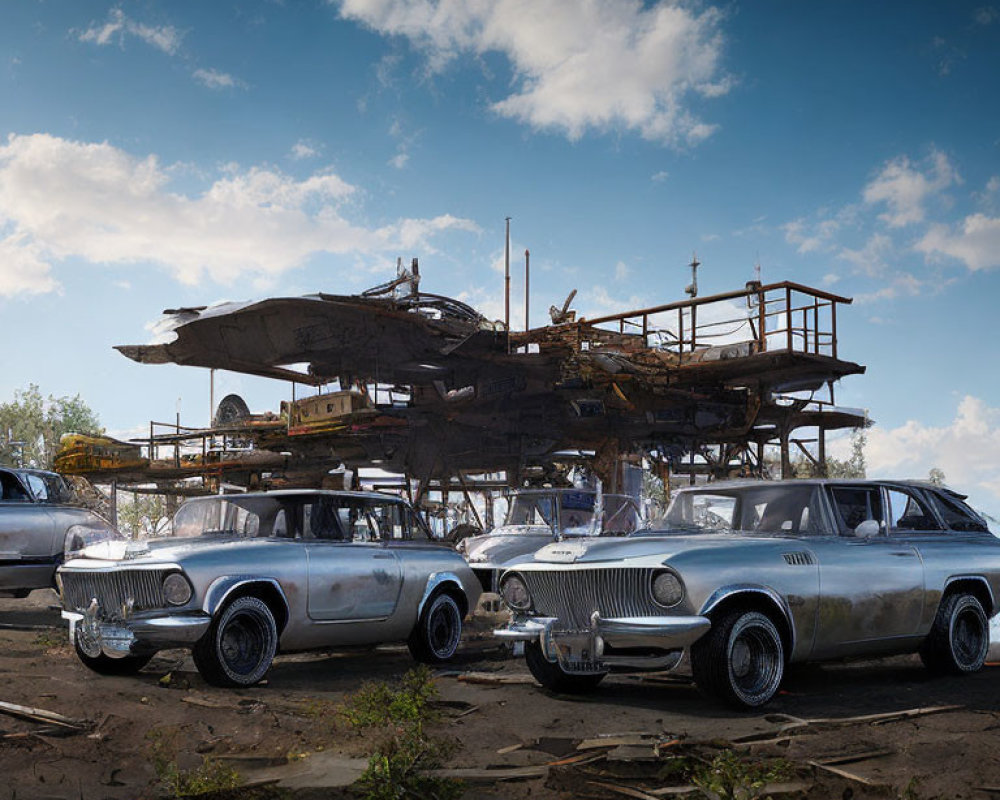 Vintage cars and ship-like structure in dry dock under cloudy sky