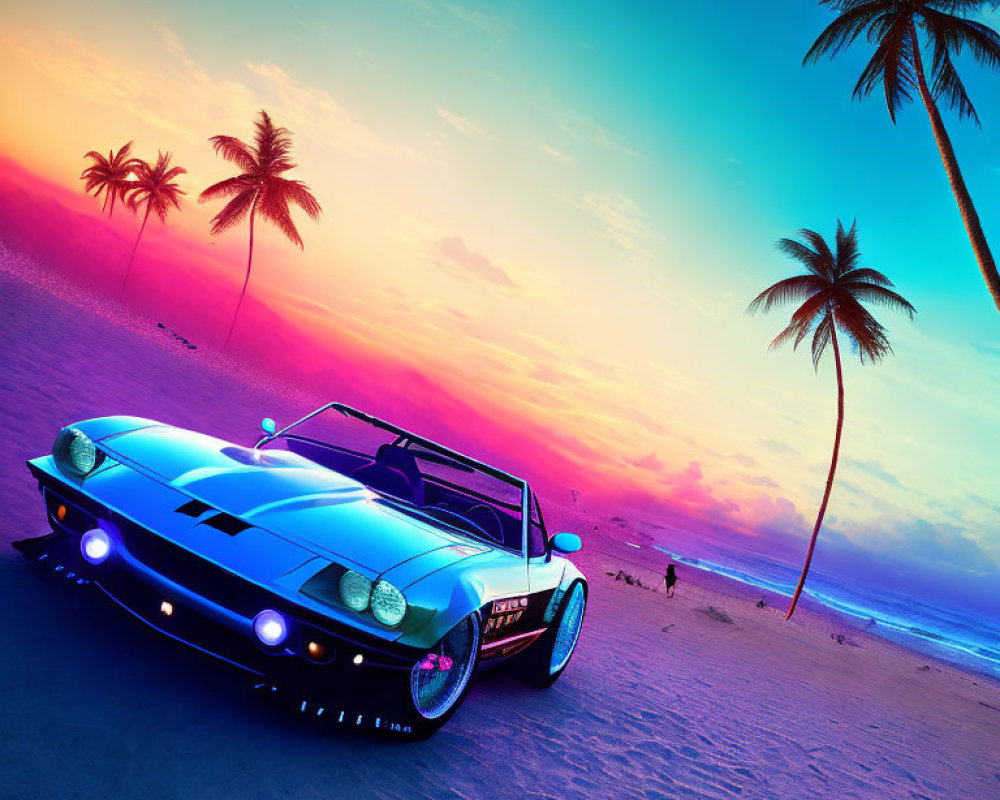 Classic Sports Car on Beach at Sunset with Palm Trees in Colorful Sky