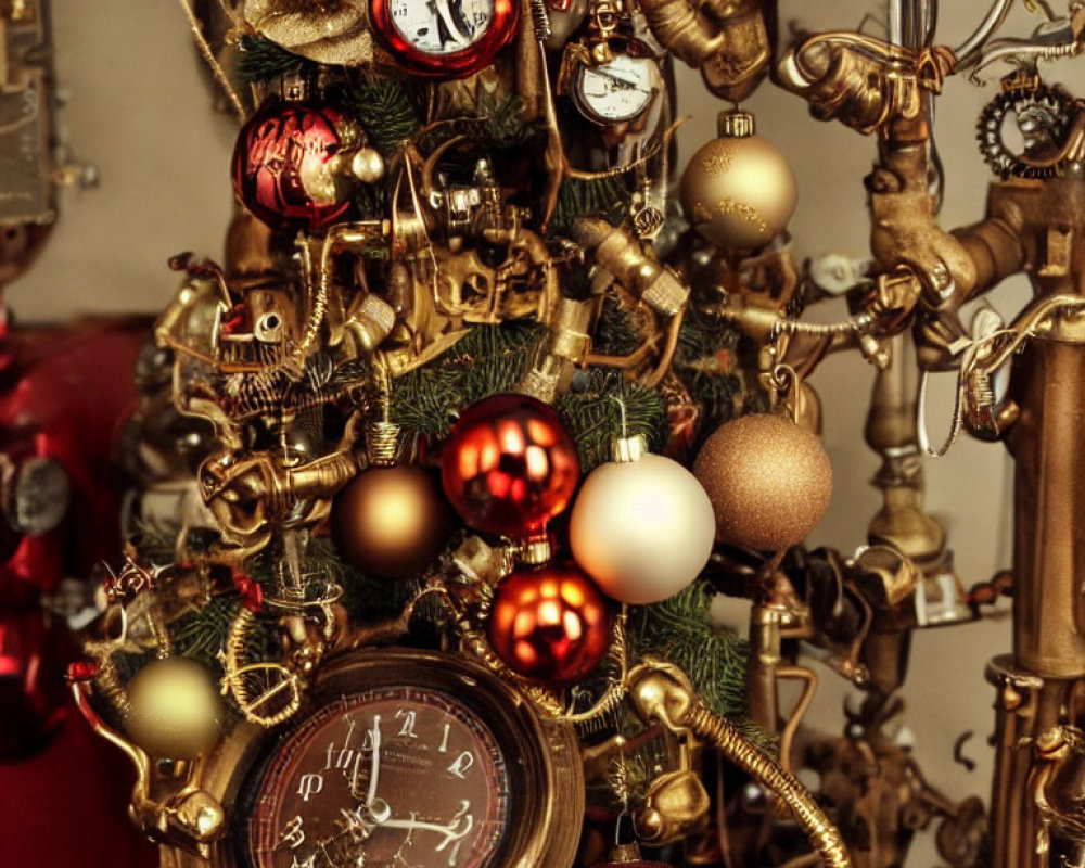 Steampunk-themed Christmas tree with gears, clocks, metallic gold, and red ornaments