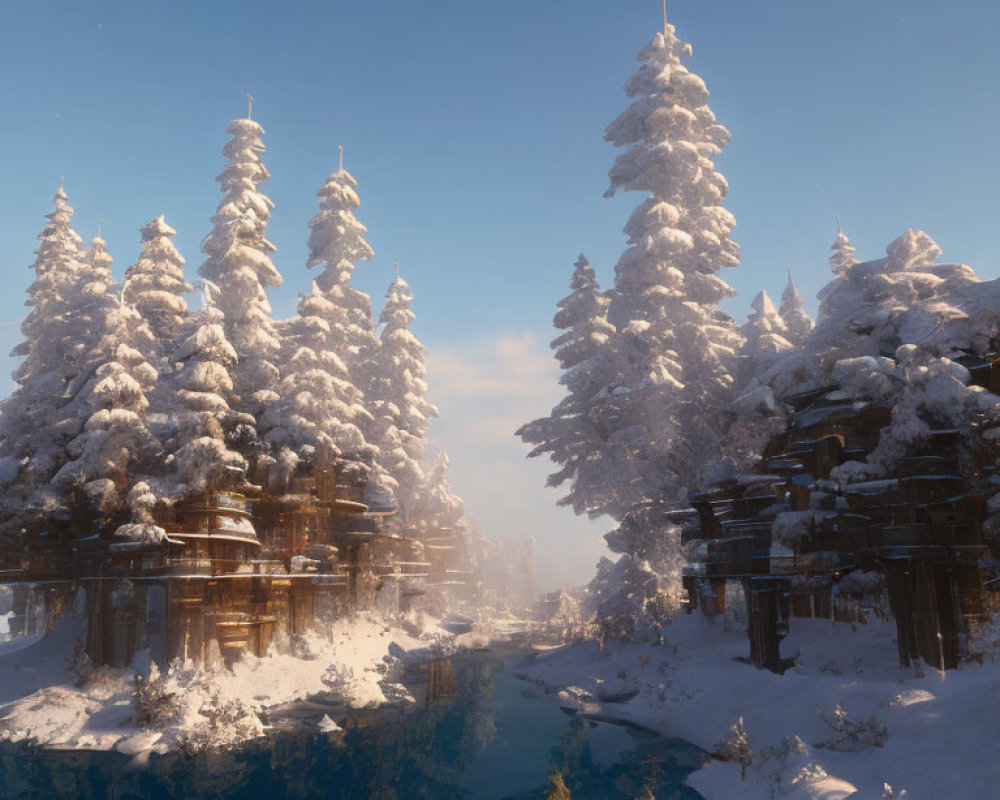 Snow-covered pine trees and ancient ruins beside a serene river.